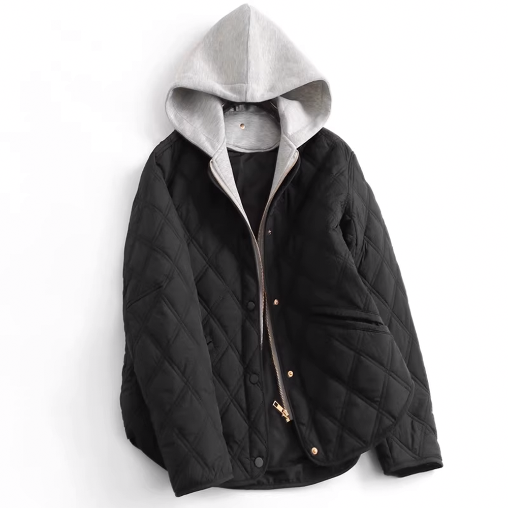 Loose-Fit Removable Hooded Round Neck Long-Sleeve Diamond Pattern Cotton Jacket