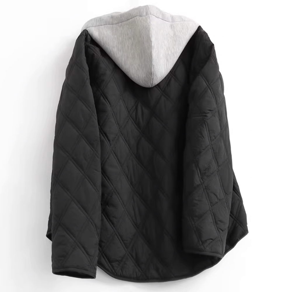 Loose-Fit Removable Hooded Round Neck Long-Sleeve Diamond Pattern Cotton Jacket - 图片 2