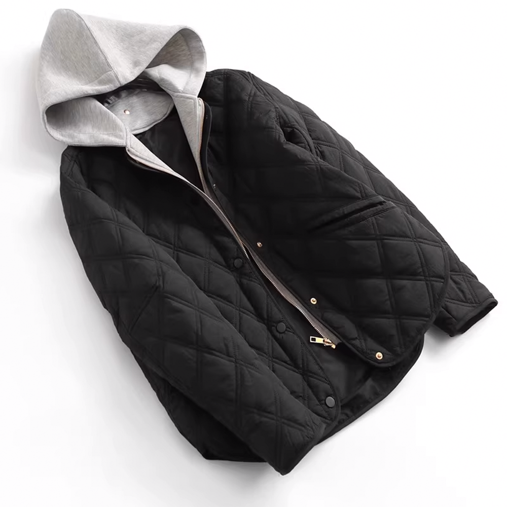 Loose-Fit Removable Hooded Round Neck Long-Sleeve Diamond Pattern Cotton Jacket - 图片 7