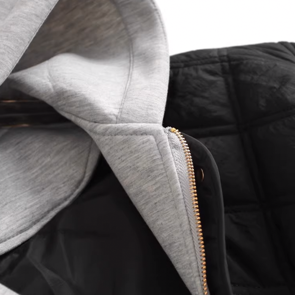 Loose-Fit Removable Hooded Round Neck Long-Sleeve Diamond Pattern Cotton Jacket - 图片 4