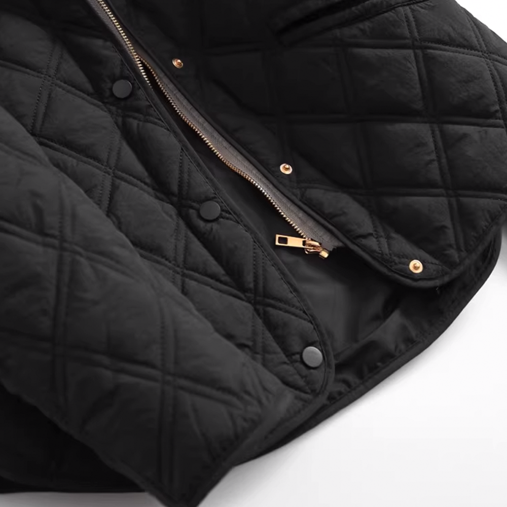 Loose-Fit Removable Hooded Round Neck Long-Sleeve Diamond Pattern Cotton Jacket - 图片 3