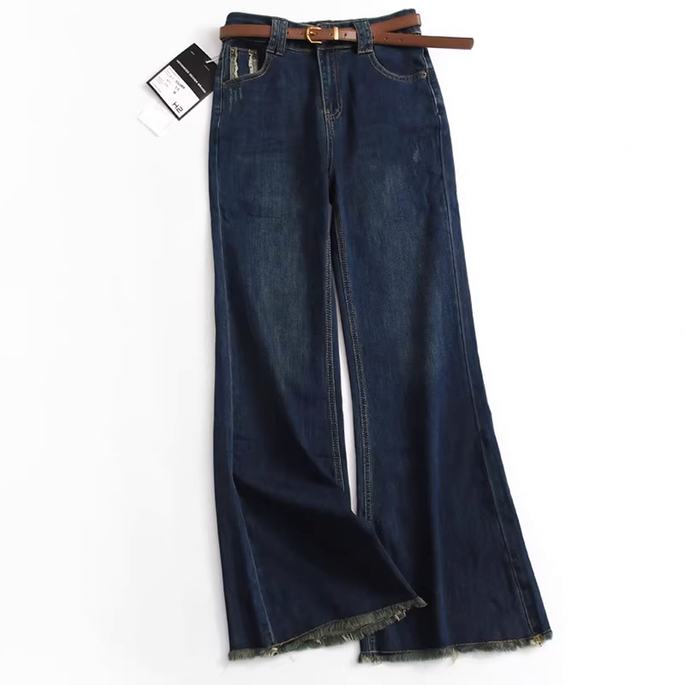 Slim Fit Flare Leg Jeans for Women with Belt - High-Waisted Raw Hem Flared Trousers