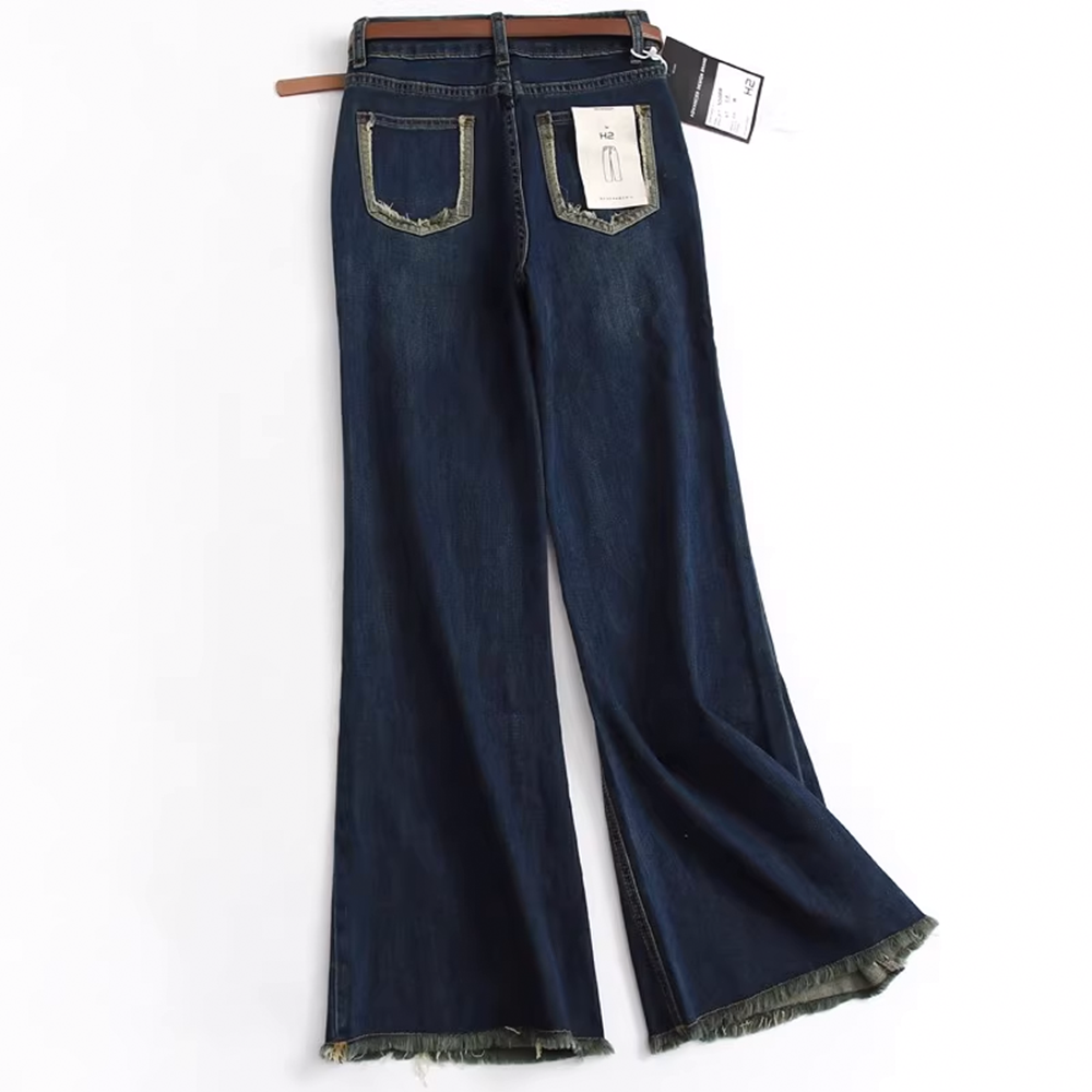 Slim Fit Flare Leg Jeans for Women with Belt - High-Waisted Raw Hem Flared Trousers - 图片 2