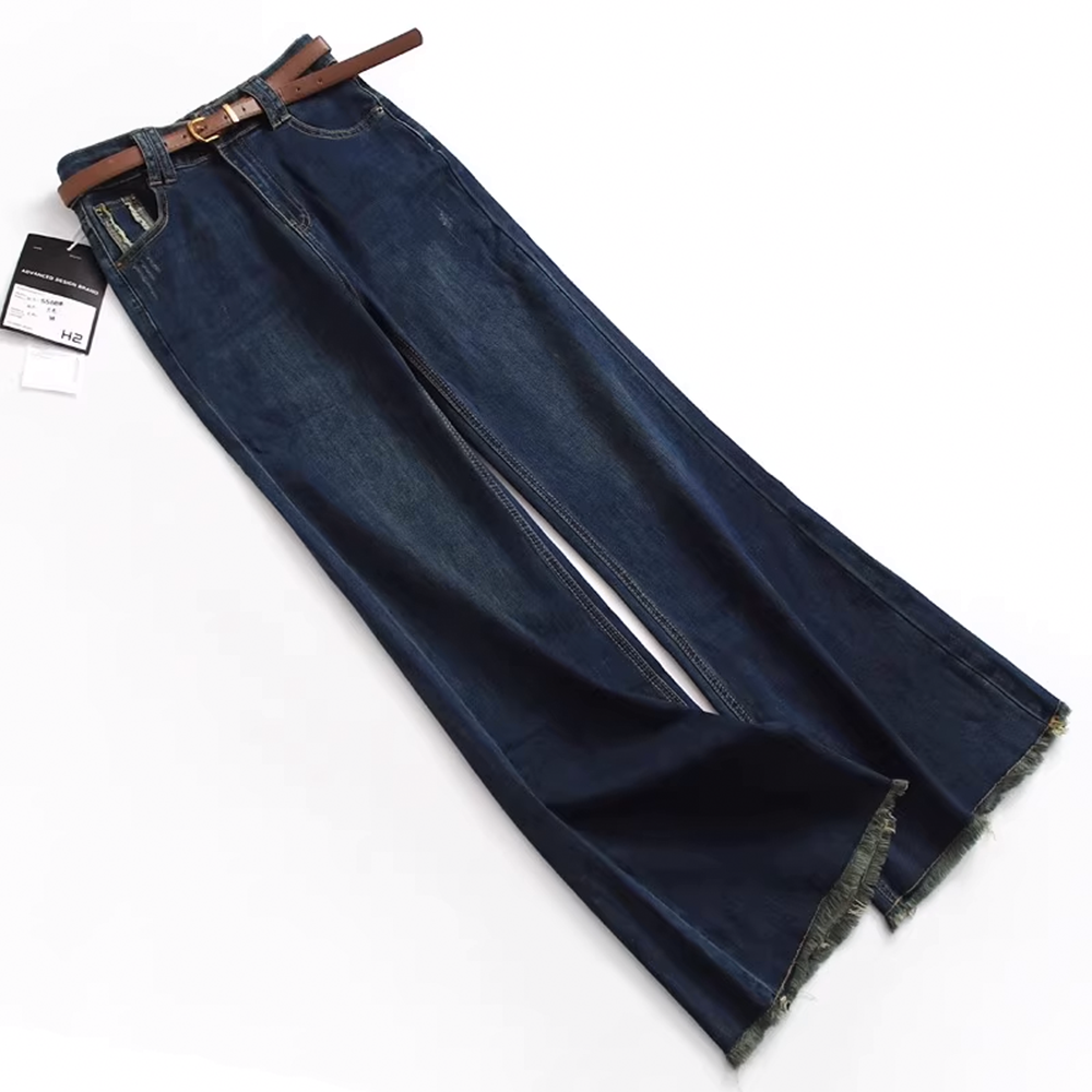 Slim Fit Flare Leg Jeans for Women with Belt - High-Waisted Raw Hem Flared Trousers - 图片 14