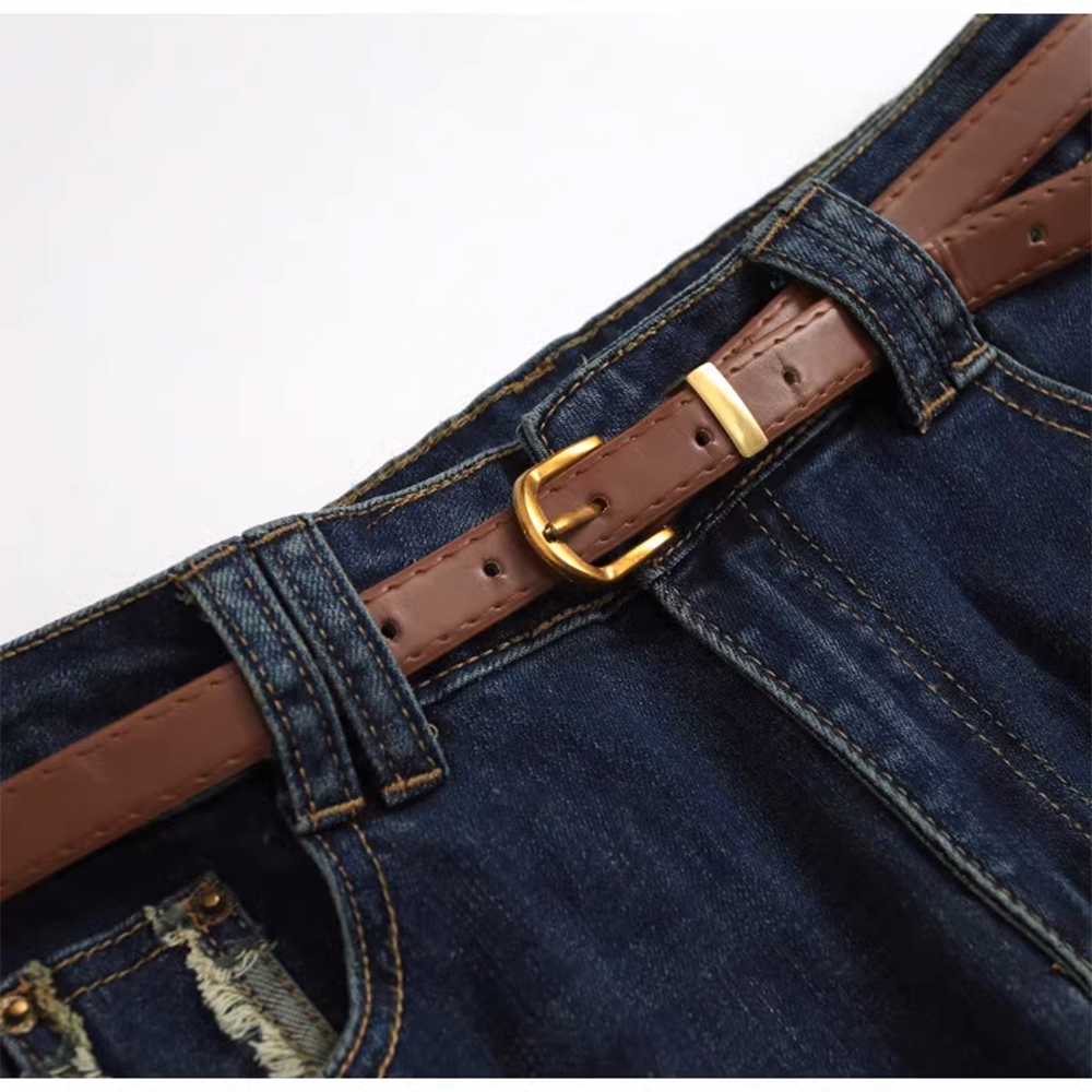 Slim Fit Flare Leg Jeans for Women with Belt - High-Waisted Raw Hem Flared Trousers - 图片 13