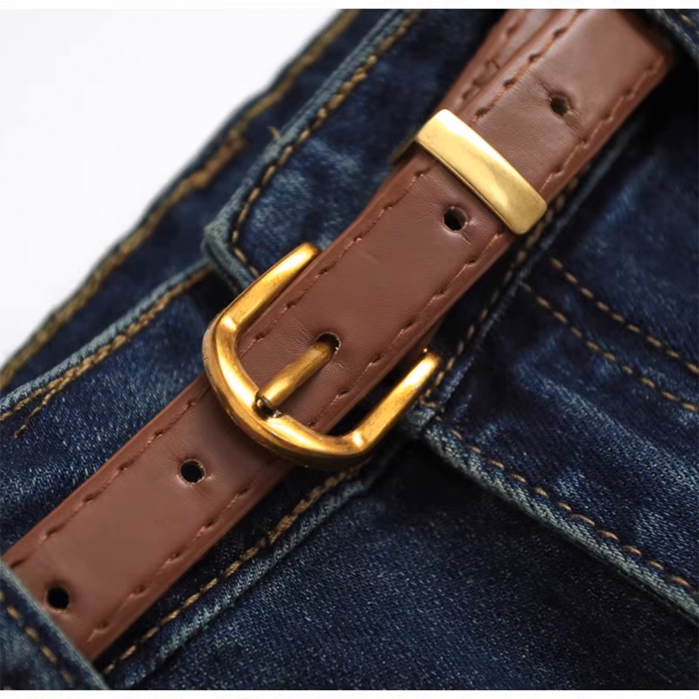 Slim Fit Flare Leg Jeans for Women with Belt - High-Waisted Raw Hem Flared Trousers - 图片 12