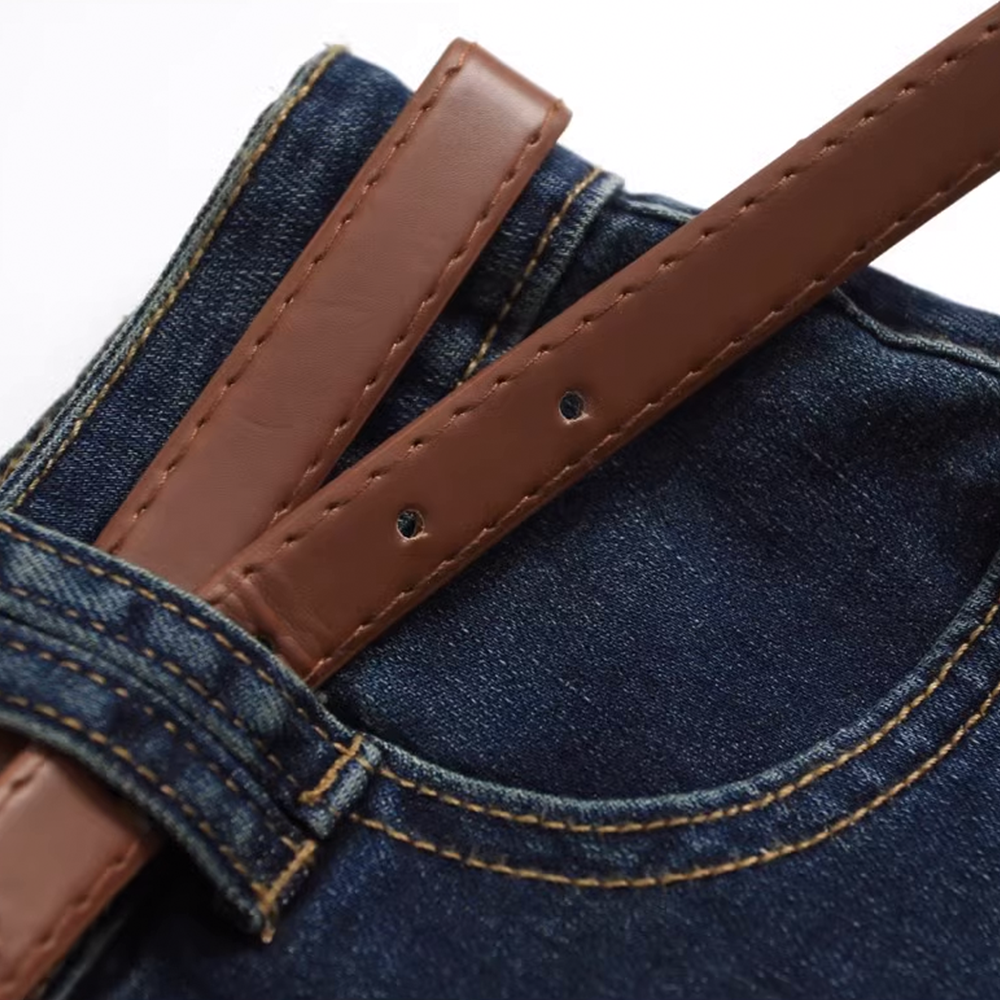 Slim Fit Flare Leg Jeans for Women with Belt - High-Waisted Raw Hem Flared Trousers - 图片 11