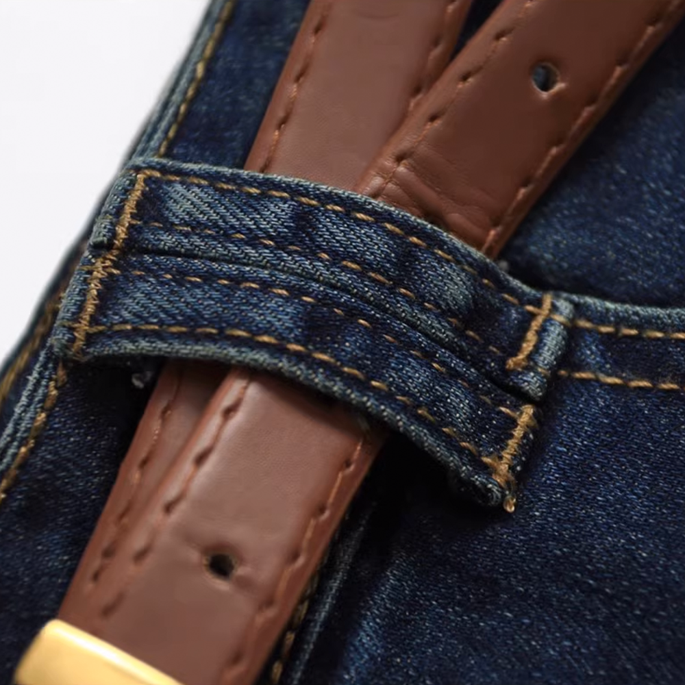 Slim Fit Flare Leg Jeans for Women with Belt - High-Waisted Raw Hem Flared Trousers - 图片 10