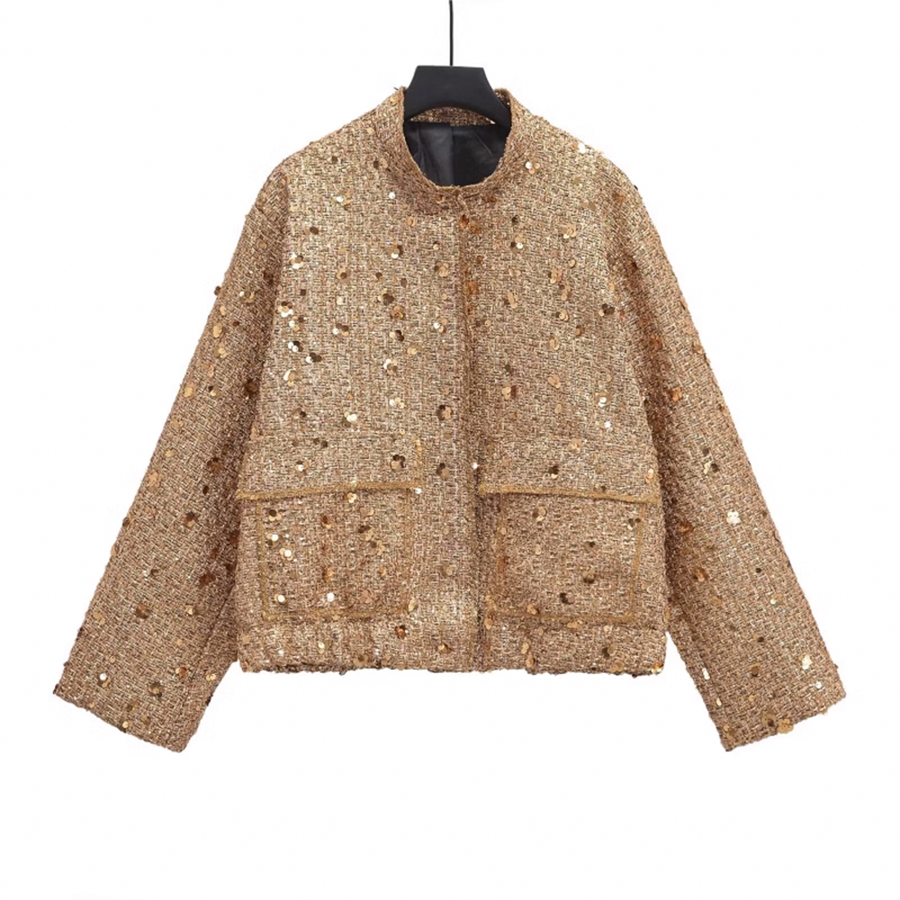 Loose-Fit Pearl-Embellished Chanel-Style Jacket with Pilot Lapel Collar for Women