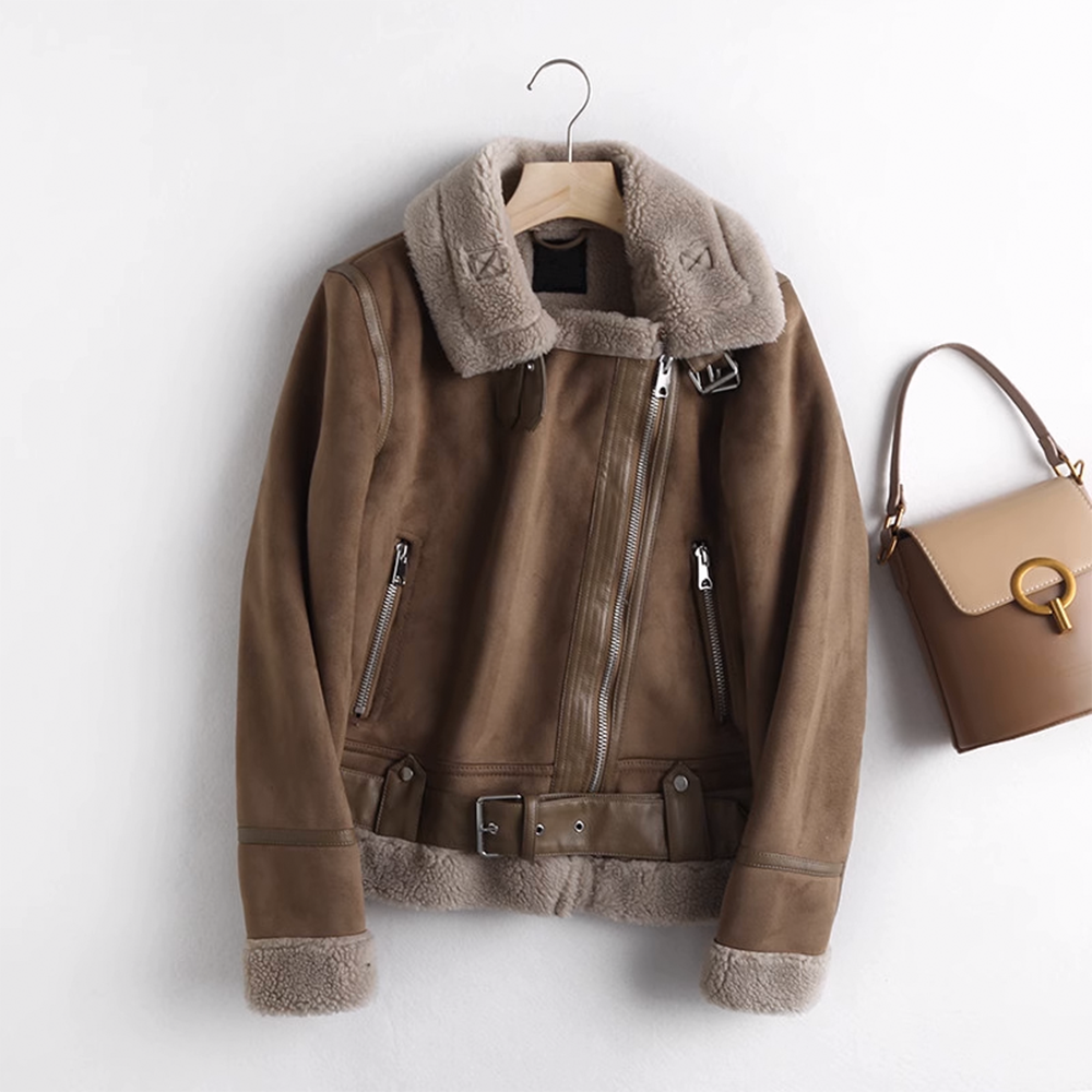 Thickened Suede Leather Motorcycle Jacket with Shearling Collar and Lining for Women