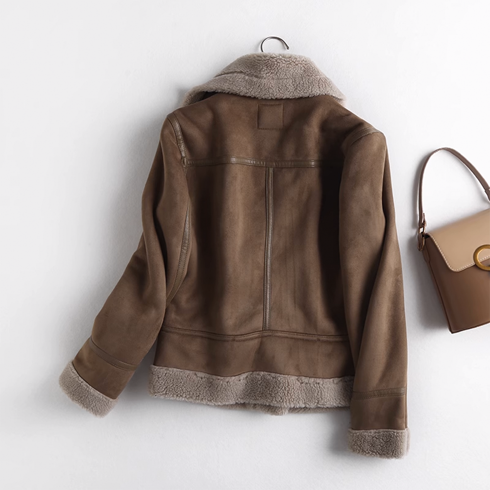 Thickened Suede Leather Motorcycle Jacket with Shearling Collar and Lining for Women - 图片 2