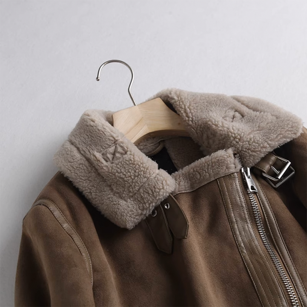 Thickened Suede Leather Motorcycle Jacket with Shearling Collar and Lining for Women - 图片 8