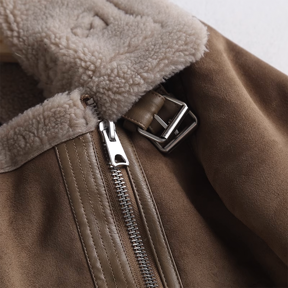 Thickened Suede Leather Motorcycle Jacket with Shearling Collar and Lining for Women - 图片 7