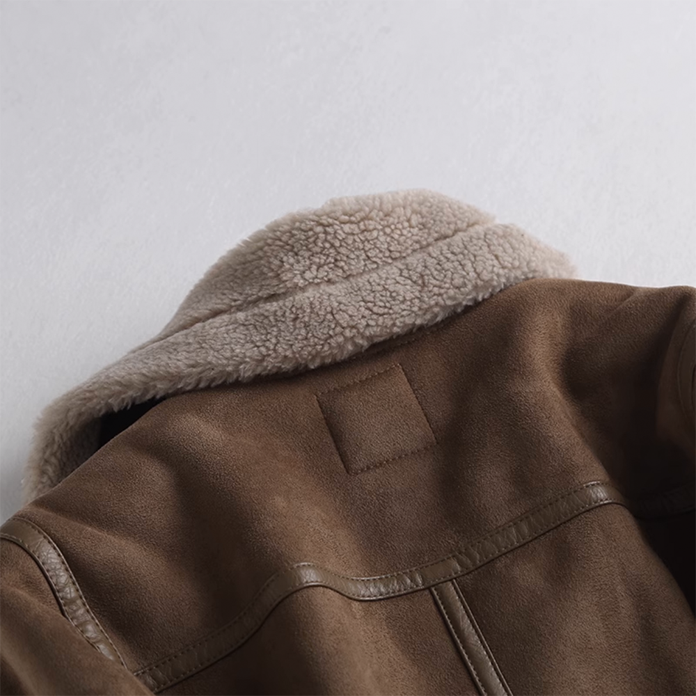 Thickened Suede Leather Motorcycle Jacket with Shearling Collar and Lining for Women - 图片 6