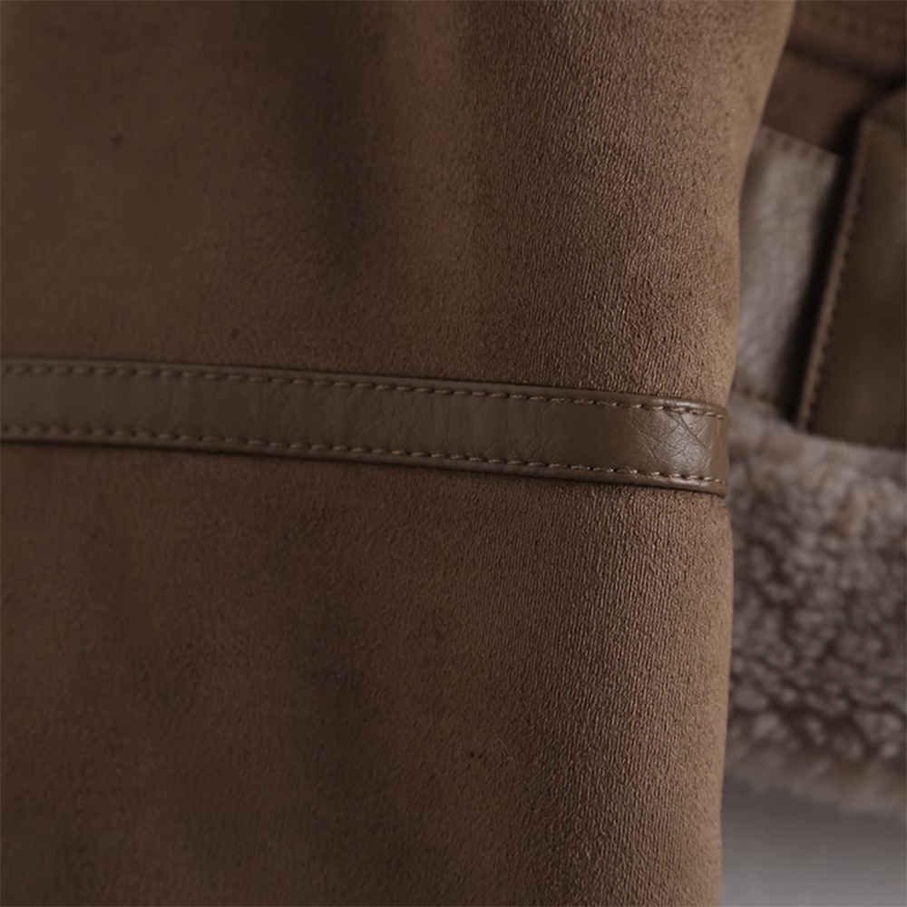 Thickened Suede Leather Motorcycle Jacket with Shearling Collar and Lining for Women - 图片 5