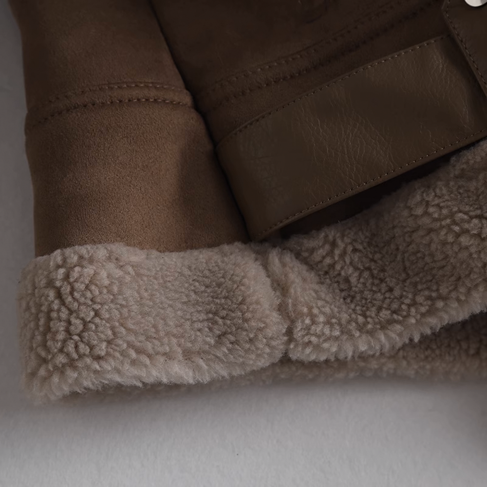 Thickened Suede Leather Motorcycle Jacket with Shearling Collar and Lining for Women - 图片 3