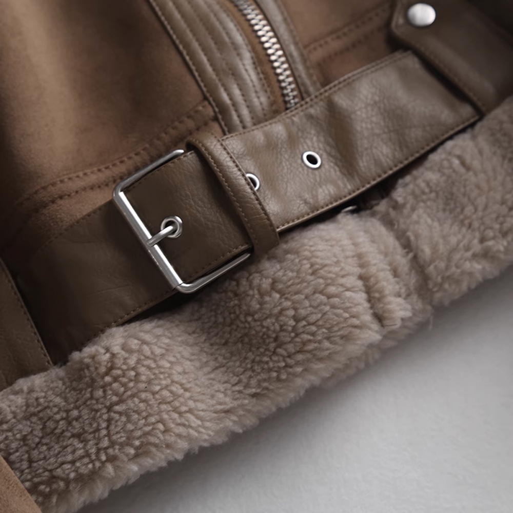 Thickened Suede Leather Motorcycle Jacket with Shearling Collar and Lining for Women - 图片 11